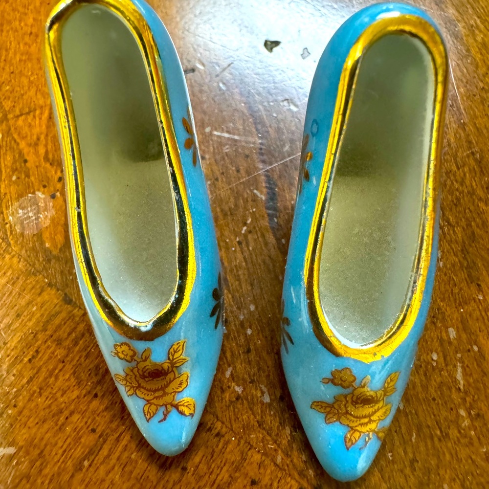 Vintage Limoges pair of blue shoes with gold-type shoes